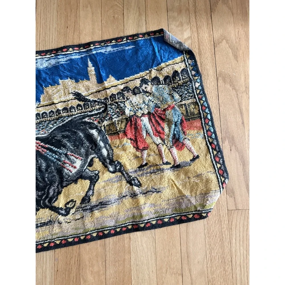 Vintage Spanish Bullfighting Tapestry Matador Woven Wall Hanging Blue Gold Red